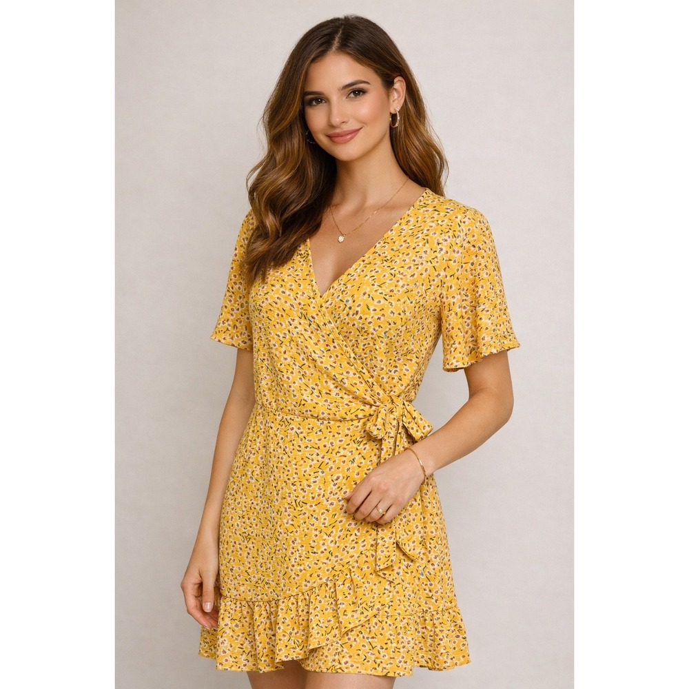 Ditsy Floral Wrap Dress Women M Yellow Flutter Sleeve Boho Cottage Party Wedding